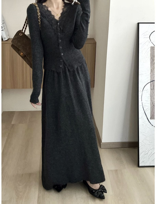 스타일닥터 레이스 긴팔 니트가디건 상하세트 여성 숙녀 탑스커트