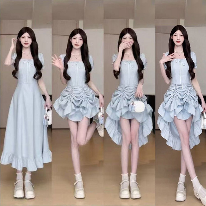 빅사이즈 디자인 감각이 돋보이는 세련된 원피스 3가지 스타일로 연출 가능한 드로스트링 미디 드레스 여성용 여름 허리 라인 강조 사각 네크라인 매우 아름다움. a 롱 스커트