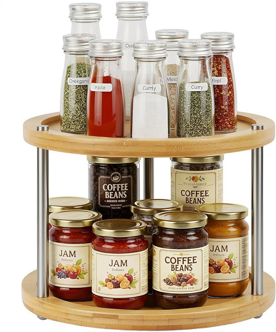 2단 LAZY SUSAN 오거나이저 4CM 회전식 테이블용 10인치 선반 캐비닛 향신료 또는 레이지 턴테이블 우드 조리대 수잔 25