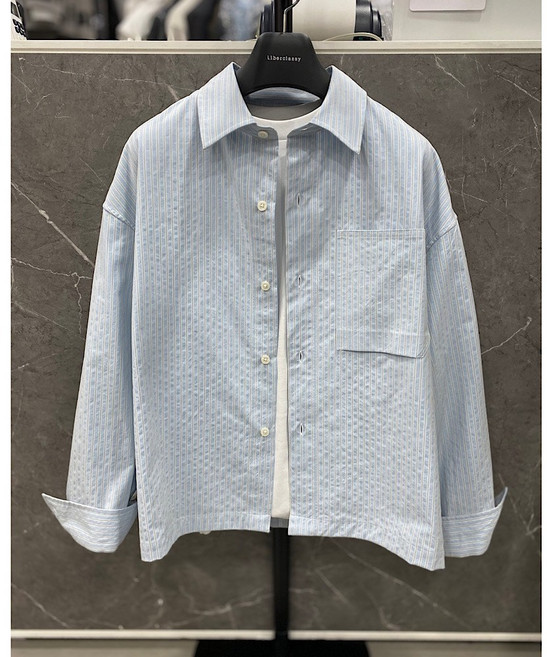 리버클래시 25S/S 라이트블루 스트라이프 원 포켓 크롭 오버핏 셔츠 자켓 (LLS32516)_DG