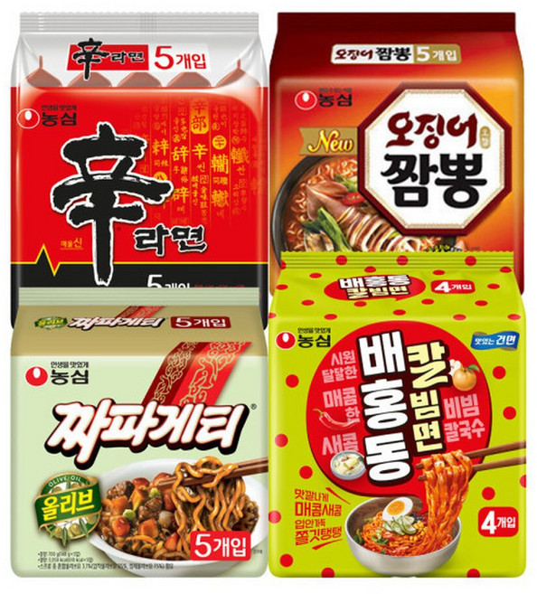 신라면 5입+짜파게티 5입+오징어짬뽕 5입+배홍동 칼빔면 4입 (총 19봉), 19개