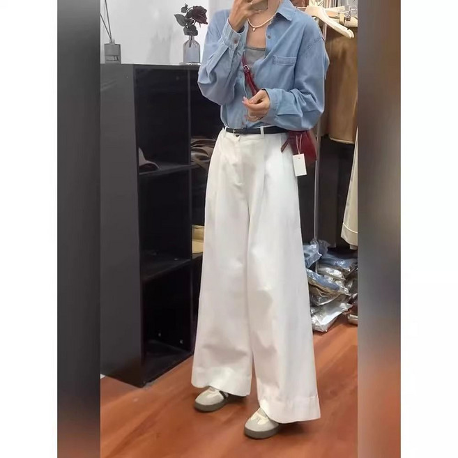 여름 데일리 솔리드 캐주얼 여자 와이드 팬츠 봄 빈티지 모던 핀턱 데이트 심플