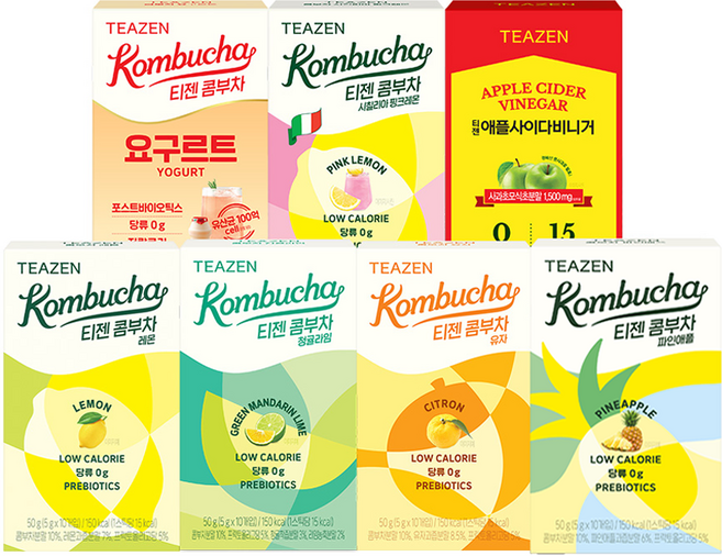 티젠 콤부차 7가지맛 혼합구성 (레몬/청귤라임/유자/파인애플/핑크레몬/요구르트/애사비), 5g, 7박스, 10개입