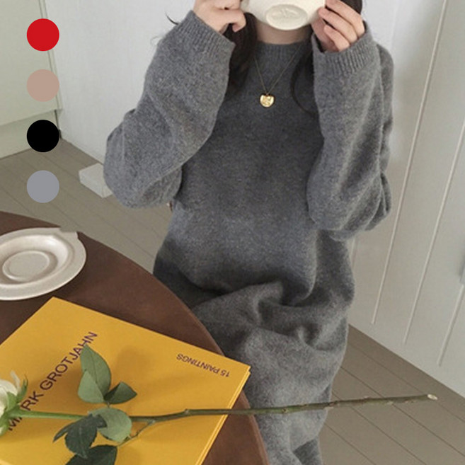 Titikong 여성 니트 라운드 긴팔 미디 오버핏 빅사이즈 롱원피스 임부복