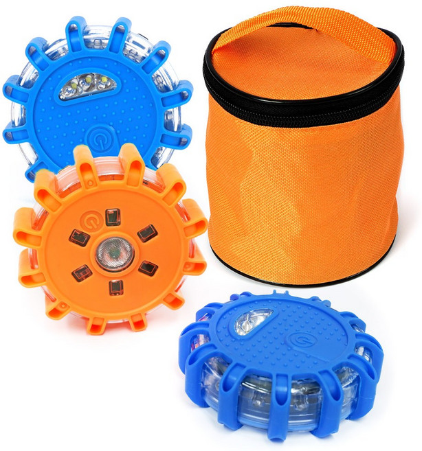 자동차 LED 비상신호기 불꽃신호기(파랑2개+주황1개+파우치) 2차사고예방 안전삼각대, 1세트