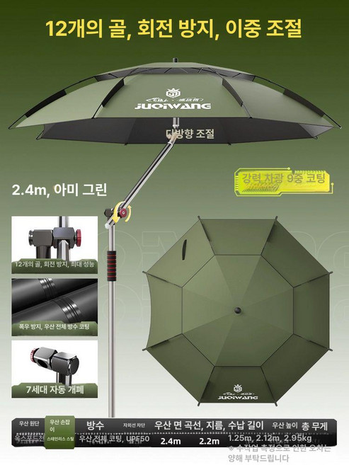 낚시 각도 조절 야외 그늘막 중층파라솔 접이식 우산, 지팡이 12면 차광 방수 2.4m 올리브그린