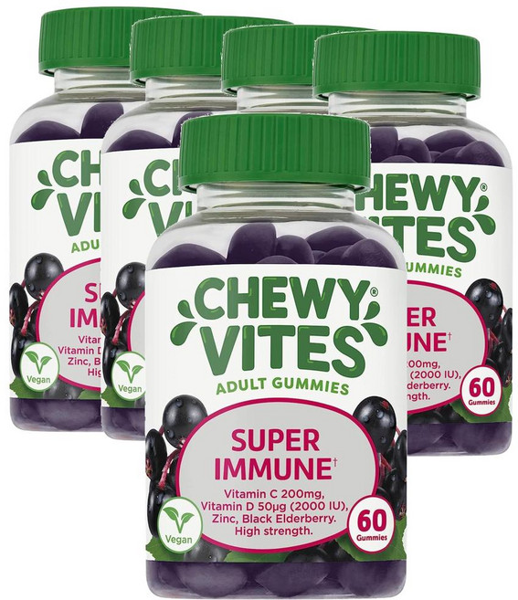 영국 츄이바이트 CHEWY VITES Super Immune 슈퍼 이뮨 비타민D & 비타민C & 아연 엘더베리 구미 츄어블, 5개, 60정