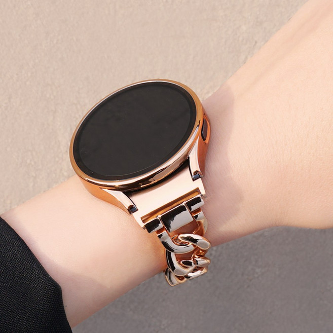 미소피아 갤럭시워치8 7 6 5 4 호환 글로시 메탈 스트랩 + 케이스 체인 슬림 여성 커브형 시계줄 밴드 날개형, Set A 체인메탈세트, 로즈골드