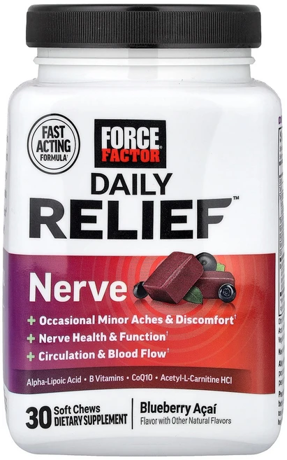 Force Factor Daily Relief™ Nerve 블루베리 아사이 소프트츄 30개 Factor (포스 팩터), Force Factor, Daily Relief™, N, 1개 - 쿠팡