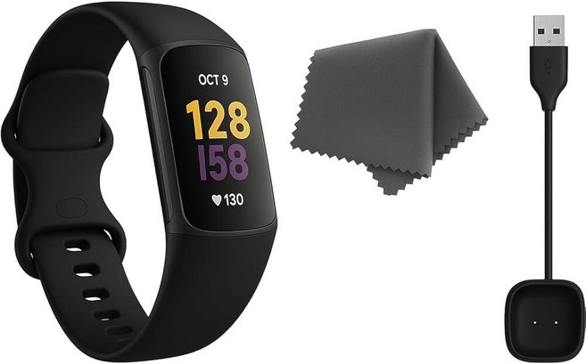 Fitbit Charge 6 피트니스 트래커 (번들) - 블랙/흑요석 심박수 GPS 수면 및 스트레스 추적 + 고속 충전기 클리닝 천 (블랙) 101311, 블랙