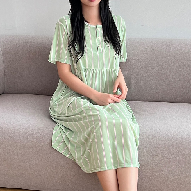 ECLL 부들 반팔 냉감 원피스 잠옷 여성 홈웨어