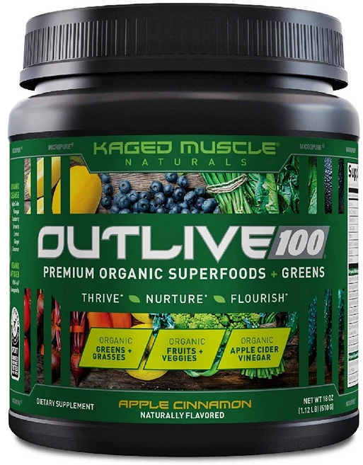 캐이지머슬 Kaged Muscle Outlive 100 프리미엄 슈퍼 그린 푸드 애플 시나몬 510g(18oz), 1개, 510g - 쿠팡