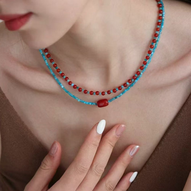 티큐 여성 여름 바캉스 블루 레드 비즈 레이어드 목걸이 2종 세트 A2300S