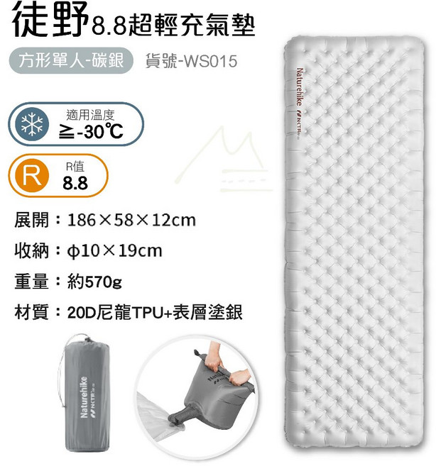 Naturehike 挪客 羽骨海綿自充氣墊 大 藍色 登山防潮墊 (型號: DZ013), 徒野R值8.8尺寸186x58方形碳銀