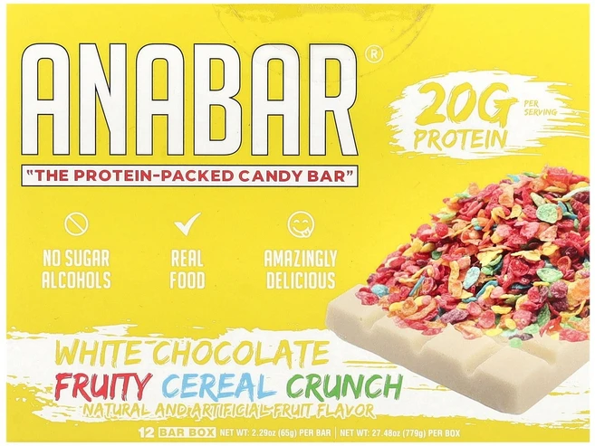 The Anabar Protein-Packed Candy Bar® 화이트 초콜릿 프루티 시리얼 크런치 12개입 각 65g(2.29oz) Anabar (더 애나바), The Anabar Protein-Packed Cand - 쿠팡