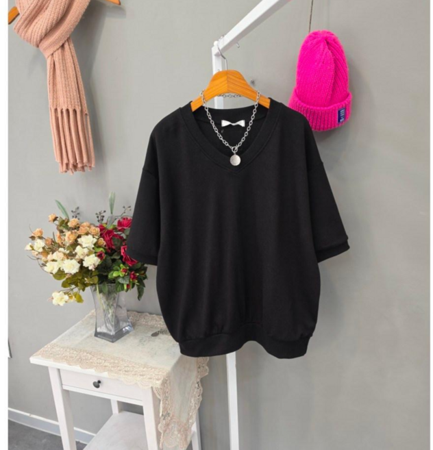 라벨 브이넥 오버핏 반팔맨투맨