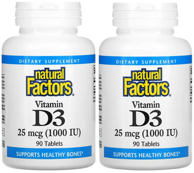 내추럴팩터스 Natural Factors 비타민 D3 25mcg 1000IU 90정 2개 콜레칼시페롤 Cholecalciferol 스테아린산 마그네슘 인산이칼슘, 2팩 - 쿠팡