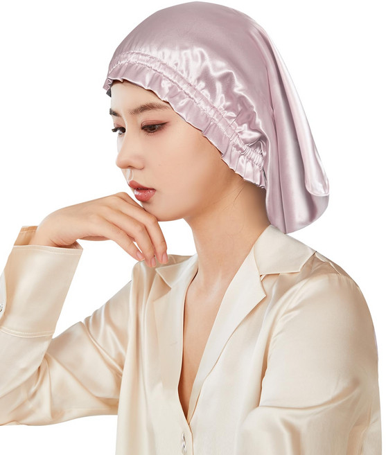 [Utukky] 100% 실크 나이트 캡 실크 캡 통형 디자인 아침까지 탈락 없음 실크, 32cm, 1개, 진주 핑크