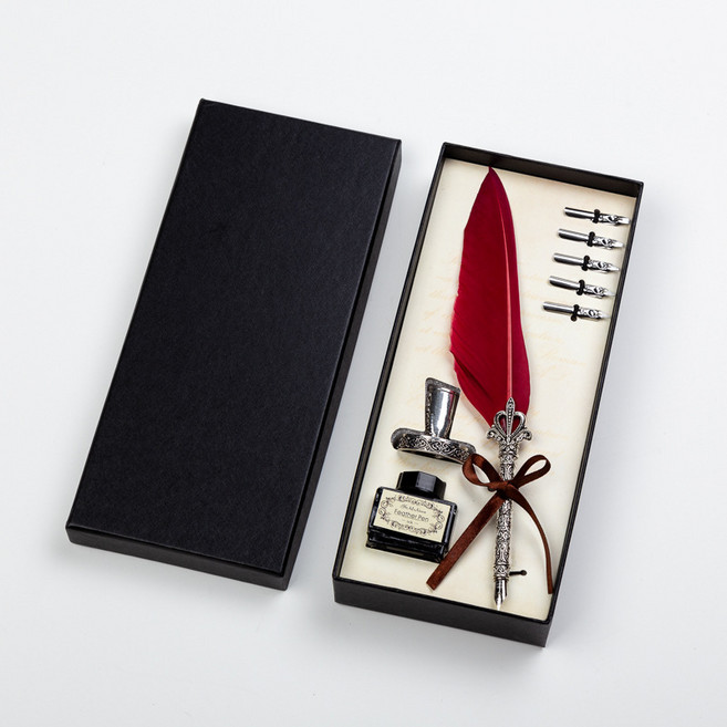 디디트러스트 고급 깃털펜 캘리그라피 세트 펜촉 교체형 잉크포함 선물용 필기구 해리포터 스타일 빈티지 감성, 레드