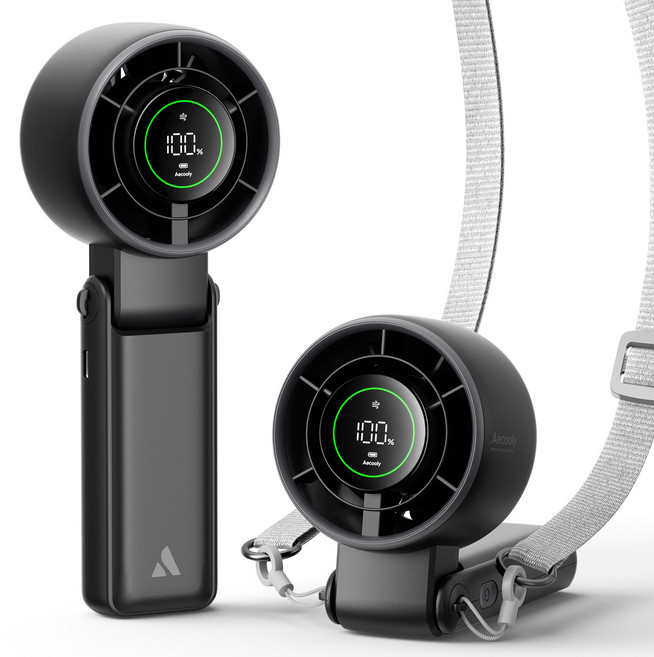 Aecooly 초강력 접이식 무선 목걸이 선풍기 휴대용 대용량 손선풍기, 블랙, Halo 02, 1개