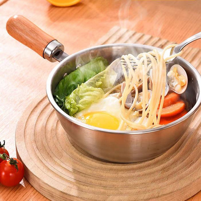 410不銹鋼泡麵鍋 木柄多功能鍋 輔食鍋, 1個, 410鋼【17cm 帶實木手柄】無蓋