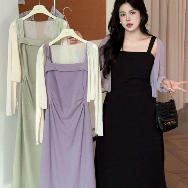 ORZQU 여름 여성 캐주얼 빅사이즈 슬림핏 솔리드 나시 원피스 얇은 가디건 투피스