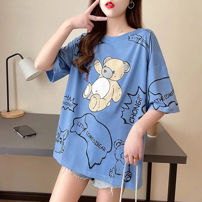 [PINK LITCHI]여성 여름 반팔티 곰돌이 프린트 빅사이즈 티셔츠 Qq326LTT327DT03