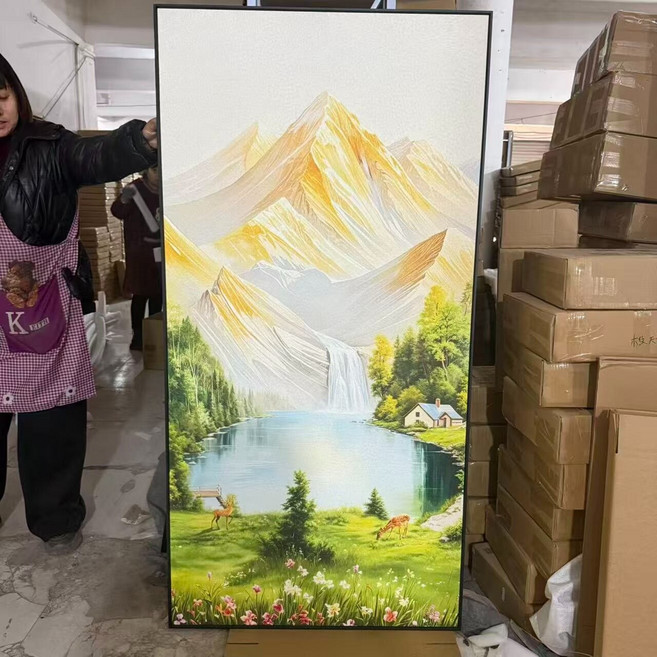 砂岩肌理畫 金山流水生財聚寶盆 80*160cm 帶黑色邊框, 如圖所示