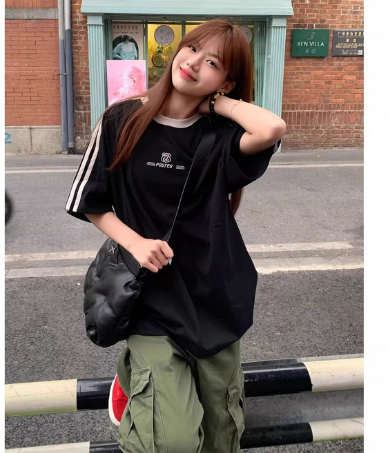 순면 오버사이즈 반팔티 레트로 라인 티셔츠