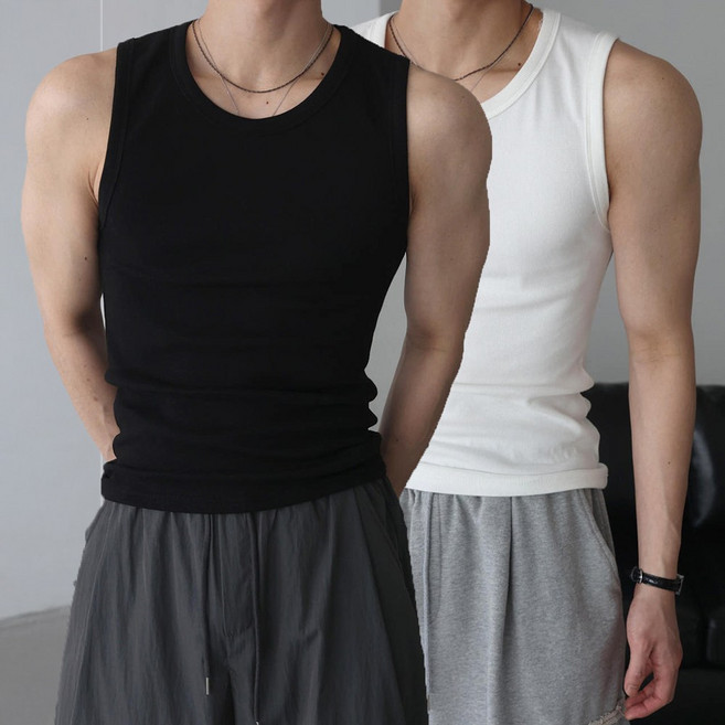 베이직바이블 [1+1]남자 골지 나시 민소매 고탄력 스판 머슬핏 짐웨어 탄탄한 티셔츠