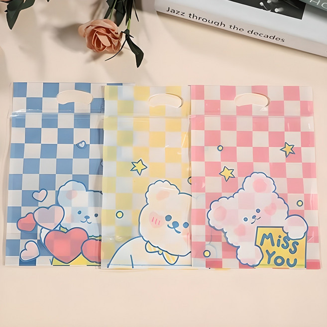 미미파티 감성 귀여운 구디백 손잡이 지퍼백 포장 봉투, 체크곰돌이, 50개