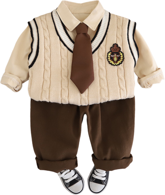 삐삐네옷가게 아동용 키즈 베이지 프레피 베스트 스쿨 세트룩