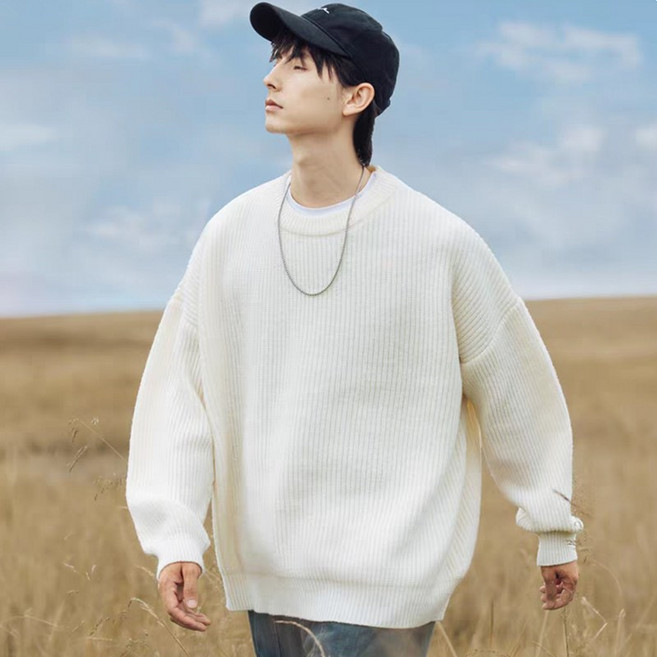 소리울 남자 라운드넥 오버핏 두꺼운 니트 스웨터 베이직