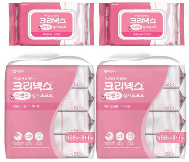 크리넥스 수앤수 실키 소프트 오리지널 물티슈 캡형 58매 x 10개, 43g