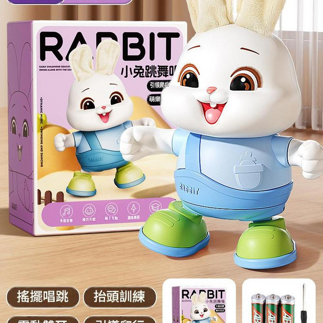 RABBIT 電動跳舞兔子玩具｜學爬抬頭訓練｜唱歌早教｜可換裝, 藍兔 3音樂 禮盒電池款, 1個