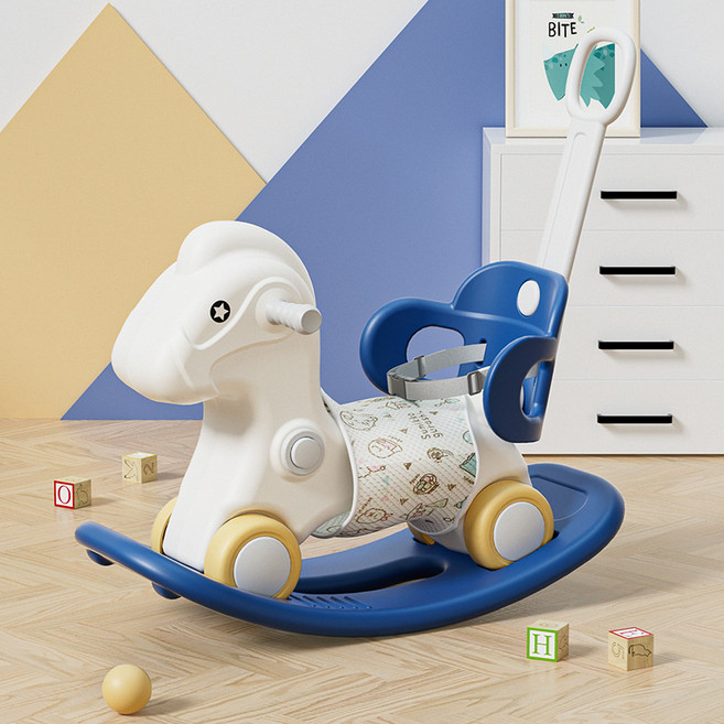 DIU 木馬兒童搖馬寶寶玩具嬰兒兩用搖搖馬1-5週歲小木馬車, 1件, 【奢華款】馬形搖馬 藍色:如圖