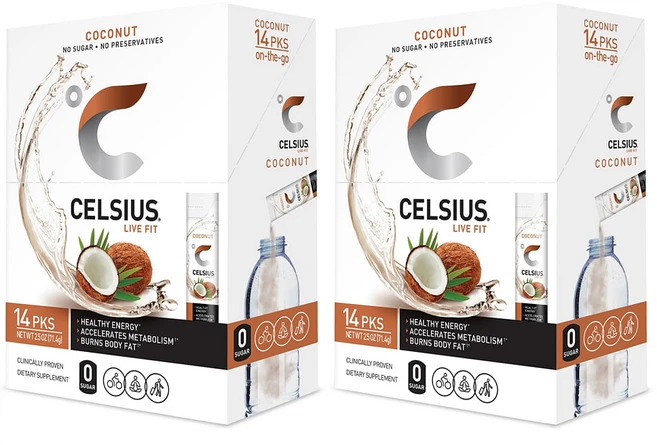 Celsius 셀시우스 온더고 파우더 스틱 코코넛 14개입 71g 2팩, 71.4g - 쿠팡