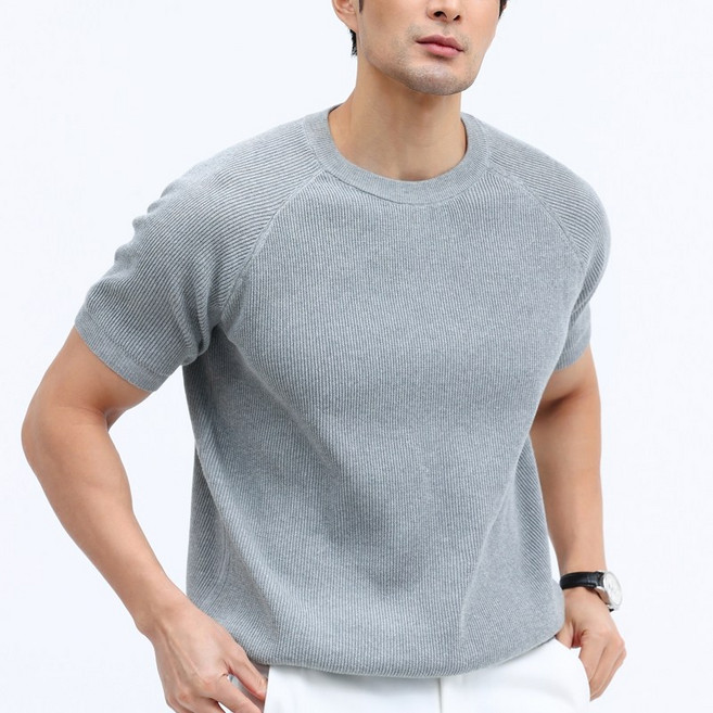 글리멜로 남자 여름 골지 라운드넥 니트 반팔 티셔츠