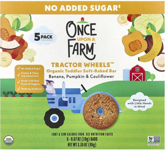 Once Upon A Farm TractorWheels™ 유기농 토들러 소프트 베이크 바 바나나 호박 및 콜리플라워 5팩 개당 19g(0.67oz), OnceUponAFarmTractorWheels유기농토 - 쿠팡