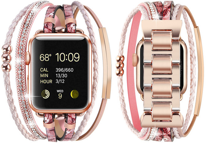 idealiveny 포쉬 보헤미안 팔찌 보석 다층 랩 가죽 밴드 애플워치 시리즈 SE 7 6 5 4 3 2 1 용 애플워치 스트랩과 호환 가능, 분홍색(42/44/45mm)