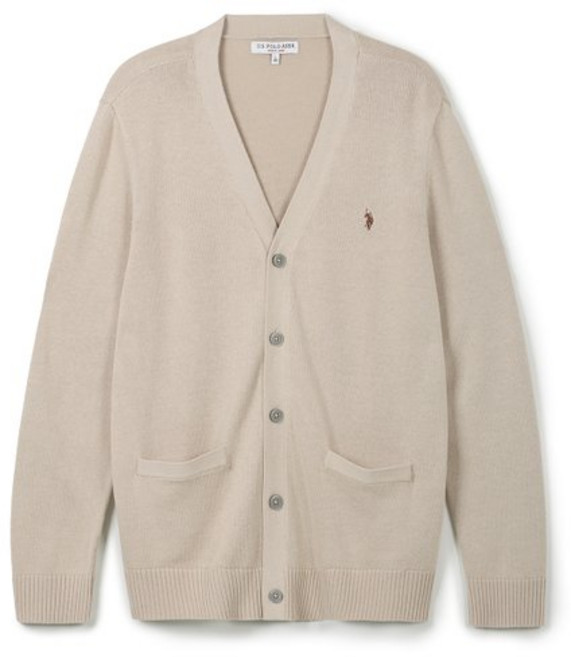 [U.S. POLO ASSN.] 남성 클래식 코튼 플레인 가디건_멜란지베이지