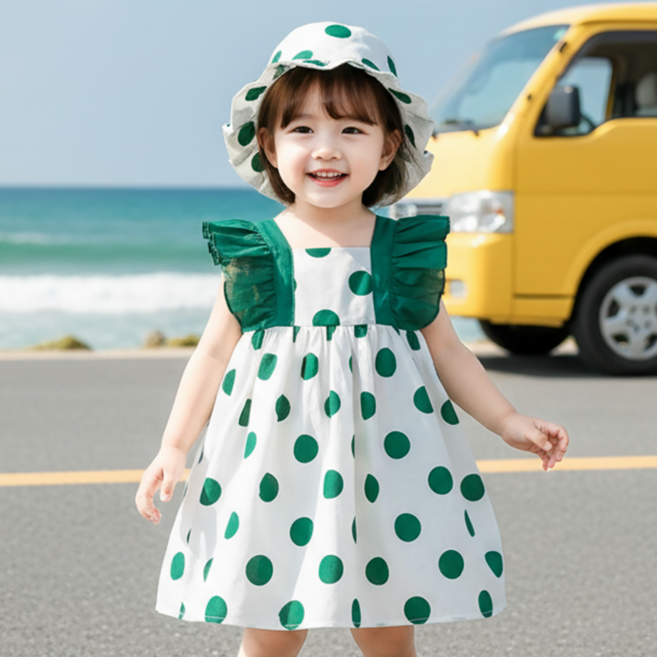 빅도트 프릴모자 원피스모자세트 어깨 프릴 여아 원피스 드레스 바캉스룩 나들이룩