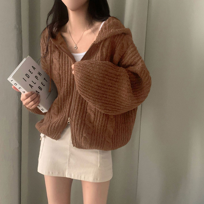 FINE ART 여성용 원픽 데일리 니트 후드니트 루즈핏 오버핏 꽈배기 투웨이 후드 가디건