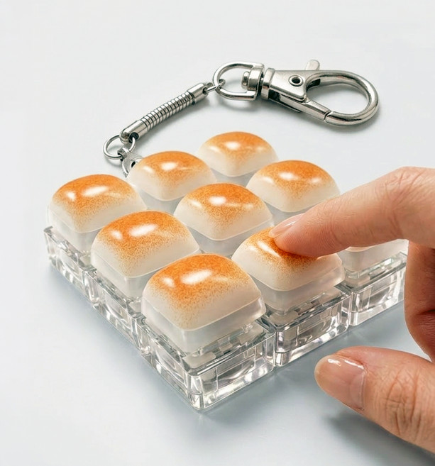 뮤티오 갓구운 식빵 딸깍이 키보드 키캡 키링 스트레스 해소, 1개, 9구, 투명 케이스 포함