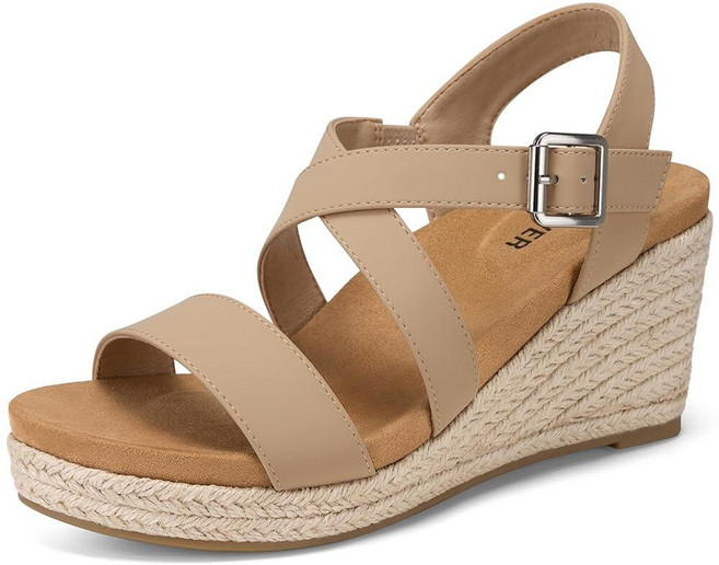 [미국수입정품] SHIBEVER 여성용 플랫폼 웨지 샌들: Espadrille 아치 서포트 앵클 스트랩 - 드레시 여름 편안한 샌들 Pu-nude 294975