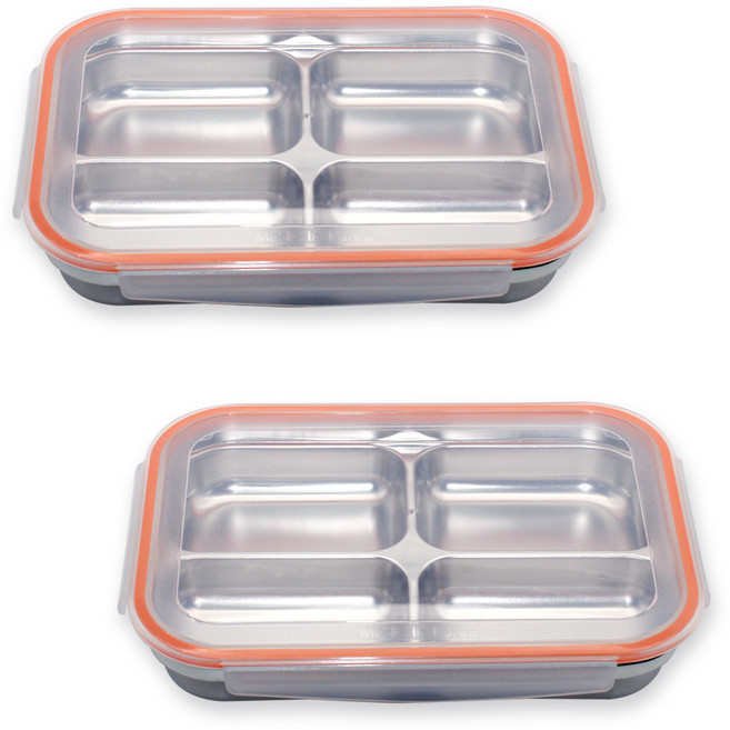1+1 올품락 간편한끼 스텐 다이어트 직사각 4구 뚜껑 식판, 오렌지, 2세트