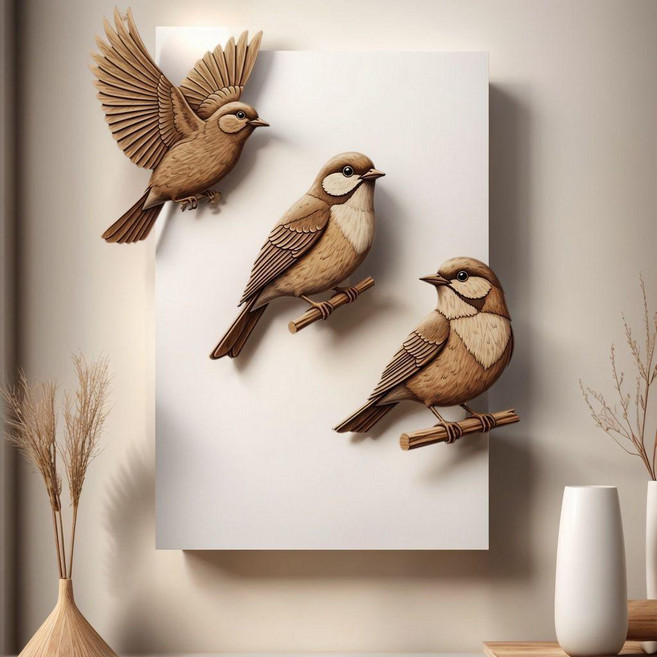 3只木質鳥類牆面藝術裝飾品, 3只,木質