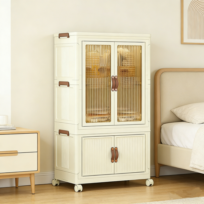 YISOKO 더블도어 조립식 옷장 원룸 비키니 옷장 폴딩 리빙박스 접이식 옷장 대용량 수납장, 1단 옷장+1단 수납장(65cm*40cm*110cm)