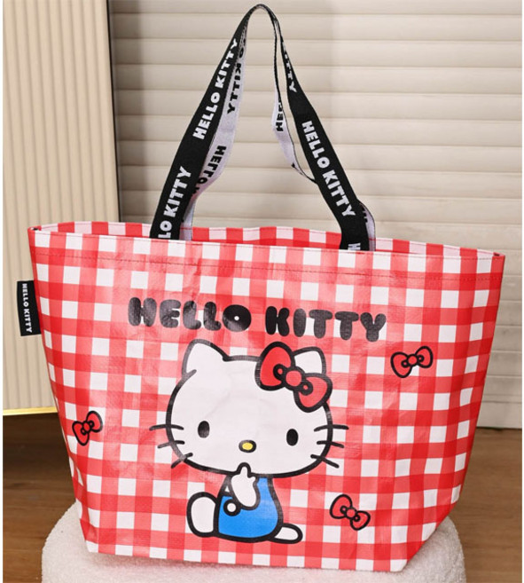 헬로키티 체크 레드 타포린백 장바구니, 1개, 레드체크