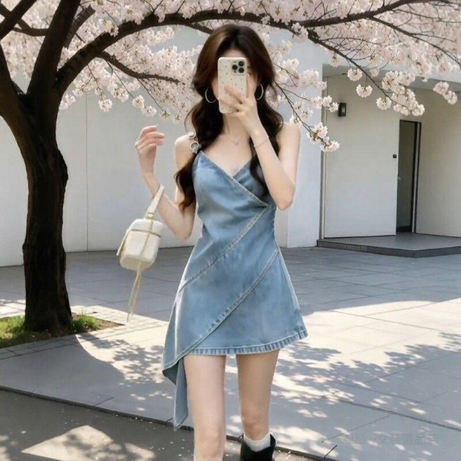 純欲辣妹氣質不規則吊帶牛仔連衣裙 夏季新款收腰顯瘦減齡短裙, 圖片色,L 建議100-115
